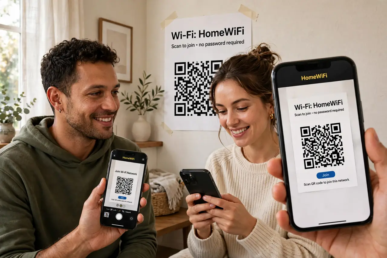 Photoreal photo: a relaxed host at home showing a guest how to join Wi-Fi by scanning a printed QR code on the wall, both holding real phones, faces friendly. No black screen, no blank white screen, no fake or garbled sc
