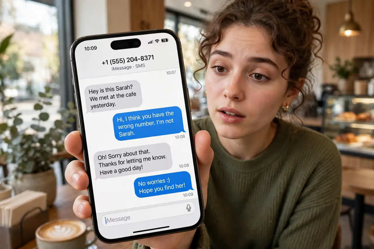 A person holding a real iPhone showing a friendly 'wrong number' text conversation with legible messages on screen, the person's face curious, coffee shop interior.