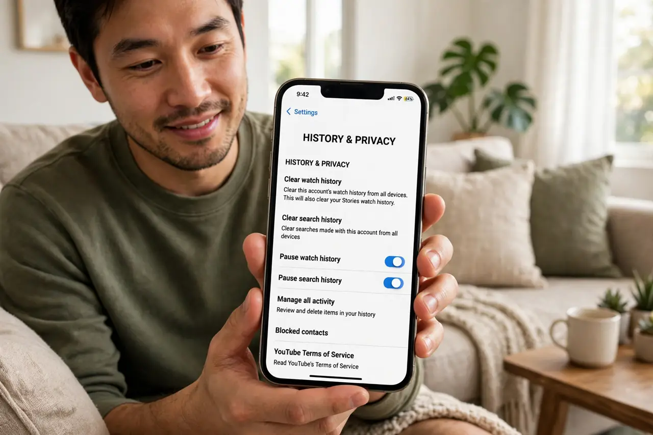 A person holding a real iPhone showing the legible YouTube history settings screen with a pause toggle, the person's face relieved, living room couch.