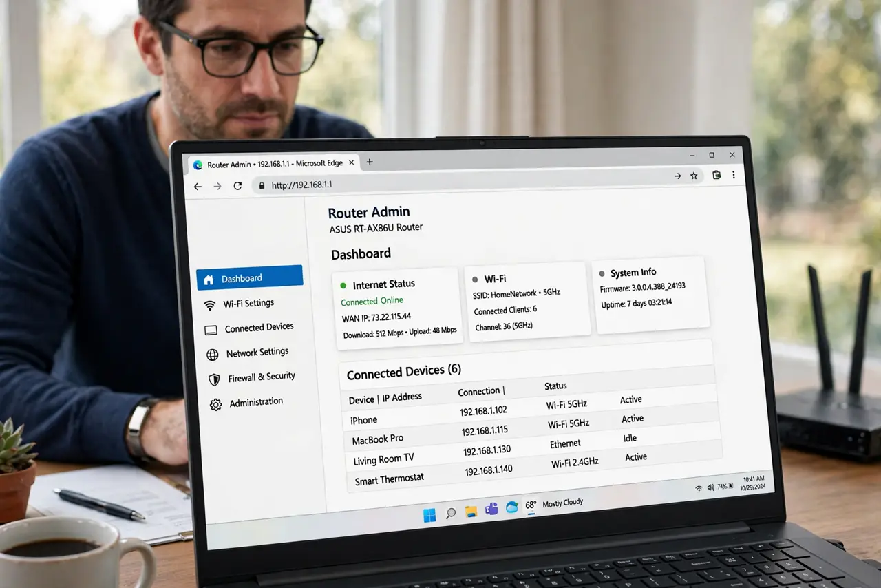 Step 1 in action for See Who's on Your Wi-Fi Right Now: Open the router admin page.