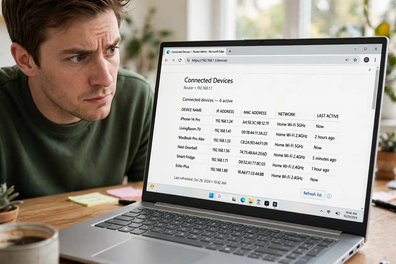 See Who's on Your Wi-Fi Right Now — a person looking at a real laptop showing the router's connected-devices list with device names legible, the p