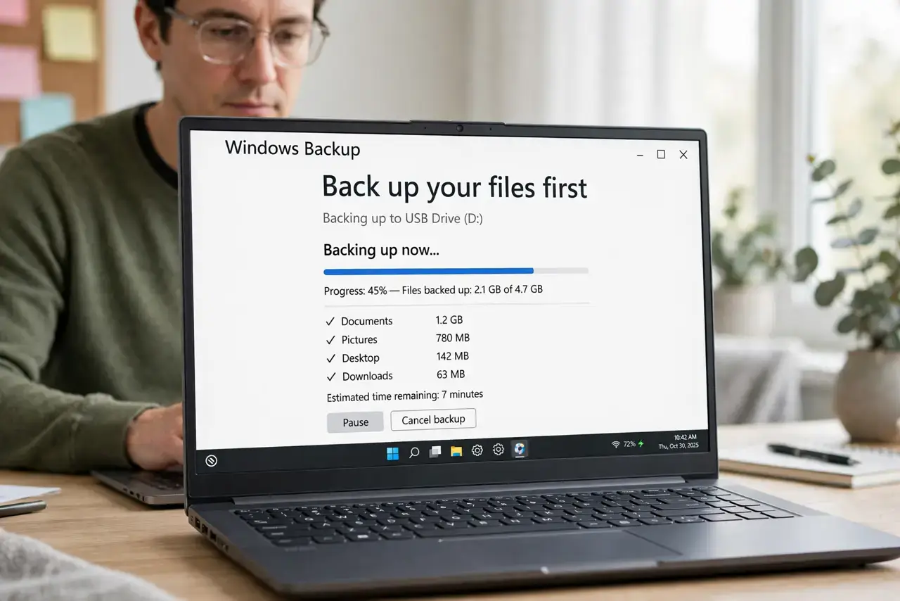 Step 1 in action for Wipe a Laptop Properly Before Selling: Back up your files first.