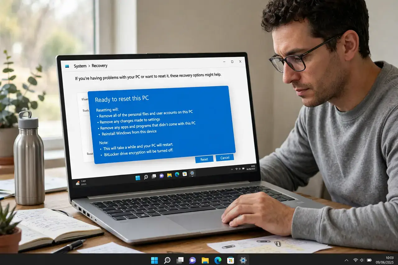 Wipe a Laptop Properly Before Selling — a careful adult at a desk with a real laptop showing the factory reset confirmation screen with fully legible
