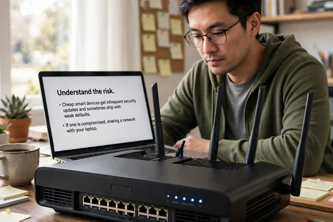 A person performing step 1: Understand the risk. Cheap smart devices get infrequent security updates and sometimes ship with weak defaults.