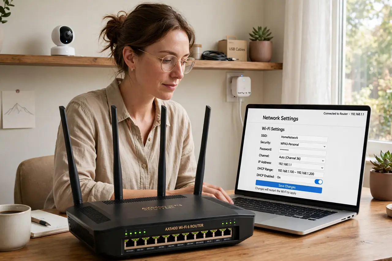 A person configuring a real router's settings on a laptop, the screen showing a legible network settings page, a smart camera and smart plug visible on the shelf.