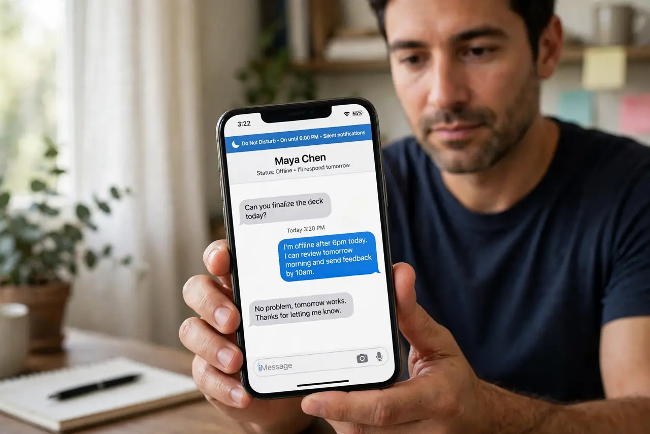 A person looking at a real phone showing a chat app with a status message legible, the person's face calm and boundary-setting, home office.