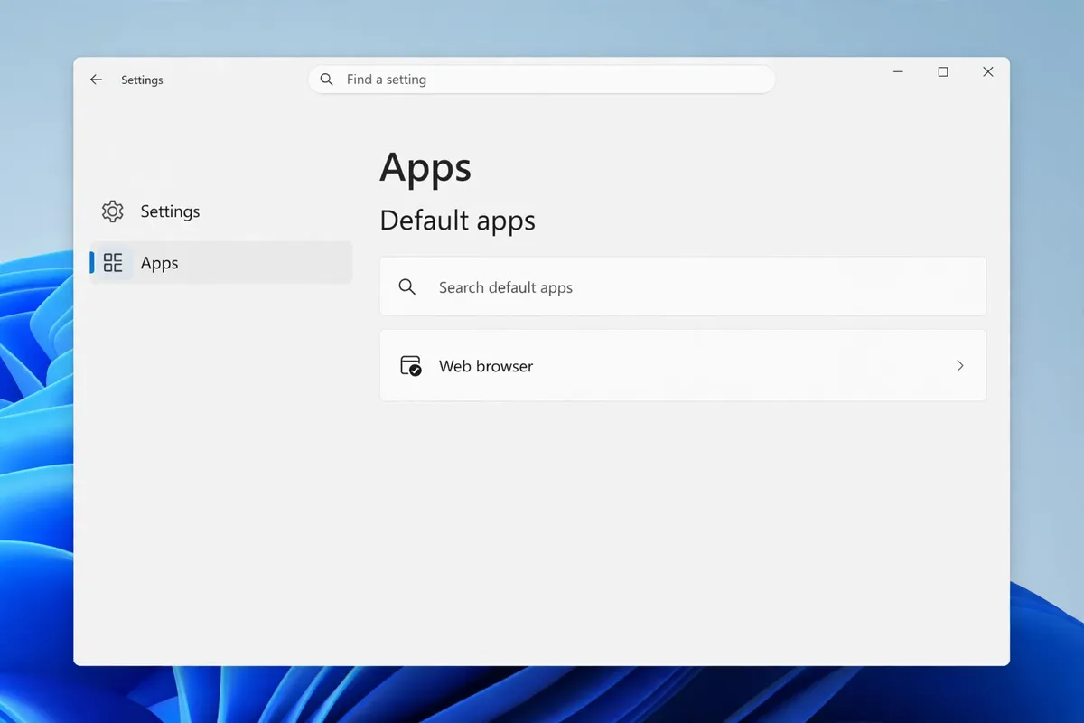 Windows Settings open on Apps and Default apps, showing the search box and the Web browser default option.