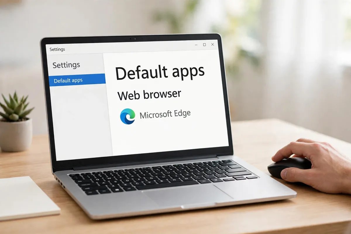 A hand on a mouse beside a laptop on a bright tidy desk, the screen showing Windows Default apps settings with Web browser set to Microsoft Edge.