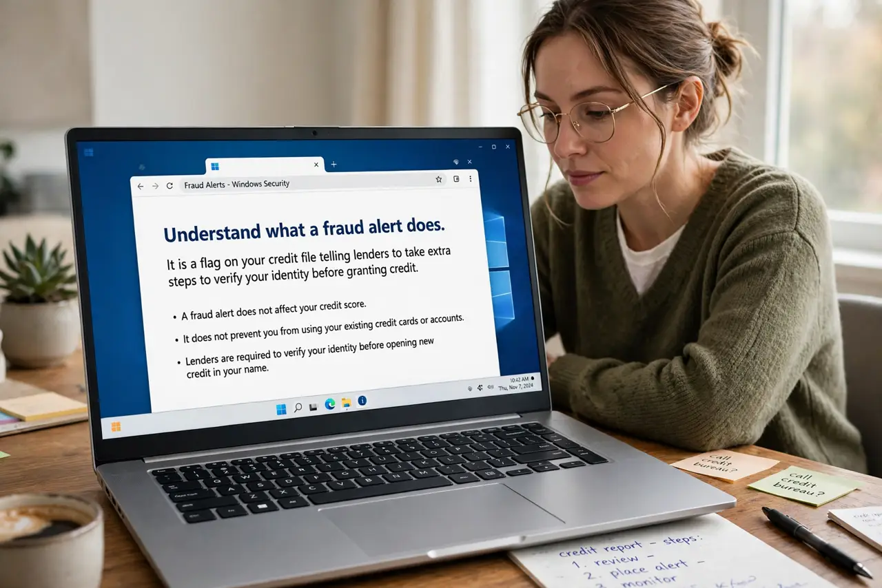 A person performing the guide's first step: Understand what a fraud alert does. It is a flag on your credit file telling lenders to take extra steps to verify your identity before…