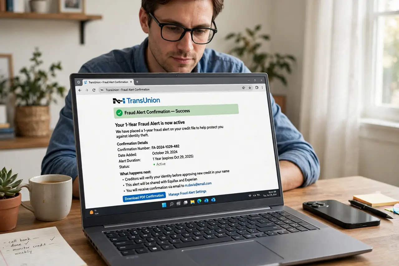 A person at a real laptop showing a credit bureau page with a legible fraud alert confirmation, a phone beside them, the person's face focused and proactive, home office.