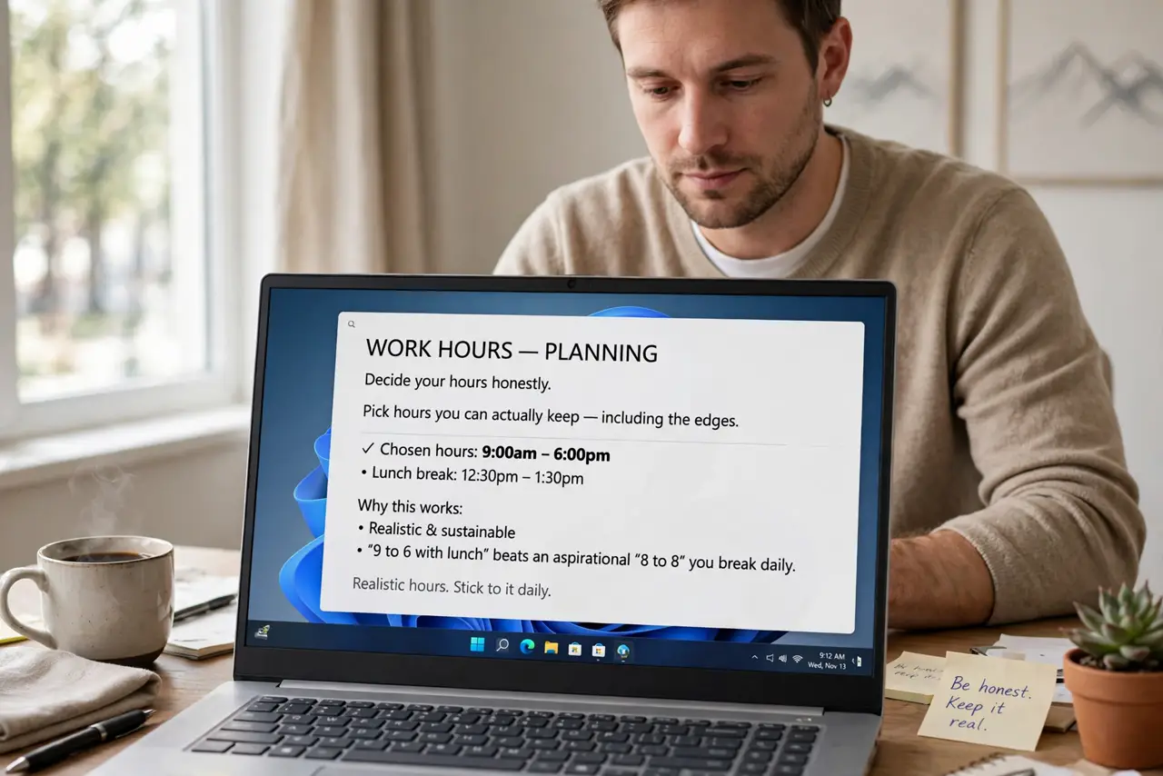 A person performing step 1: Decide your hours honestly. Pick hours you can actually keep — including the edges. '9 to 6 with lunch' beats .
