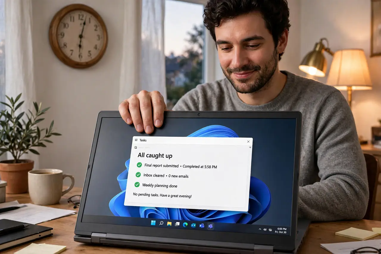 A person closing a real laptop at evening time with a clock showing 6 PM on the wall, the person's face content, home office with warm lamp.