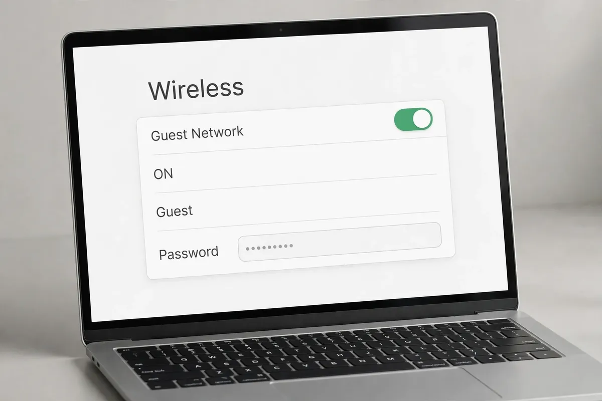 A laptop showing the router admin page with the Guest Network toggle switched on and a guest password field.
