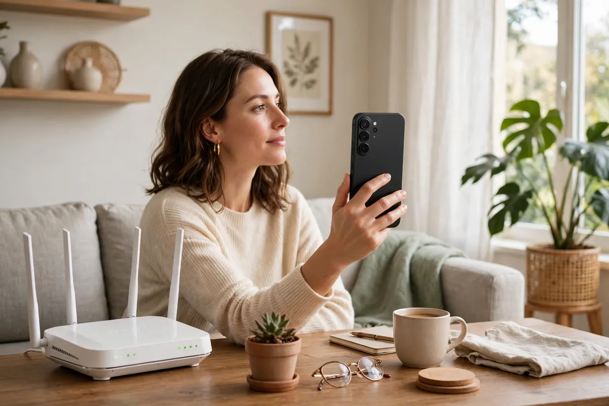 A visitor in a bright living room holding her phone with its back to the camera beside a white router on a wooden table.