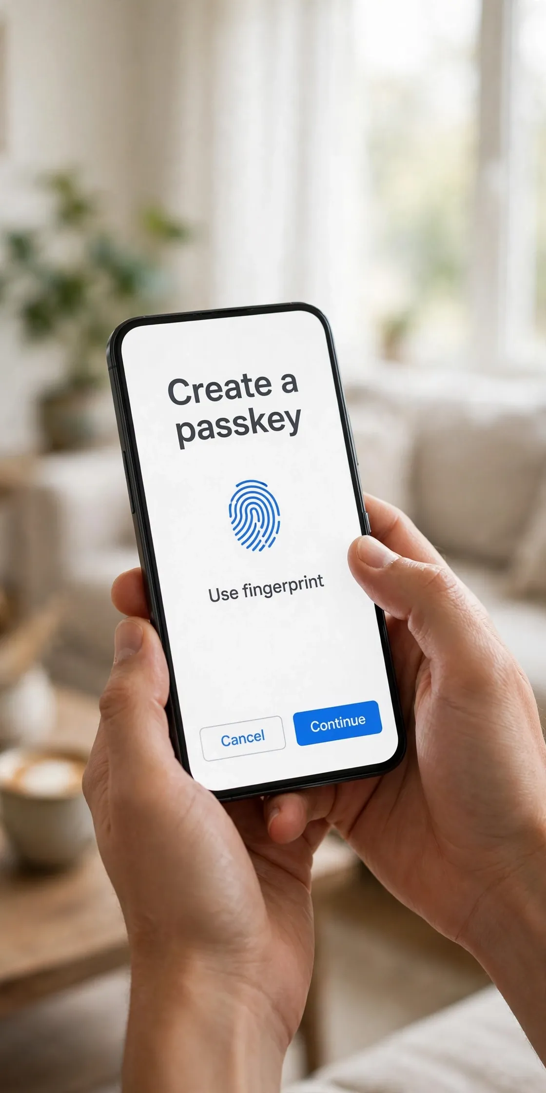 Hands holding a smartphone in a bright living room showing a Create a passkey dialog with a fingerprint icon and Cancel and Continue buttons.