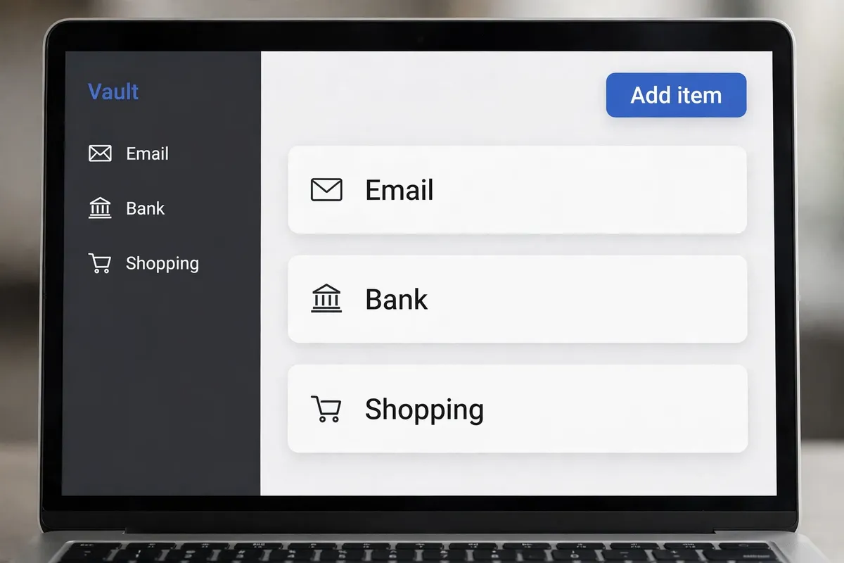 A laptop showing a password manager vault with saved logins for Email, Bank, and Shopping, and an Add item button.