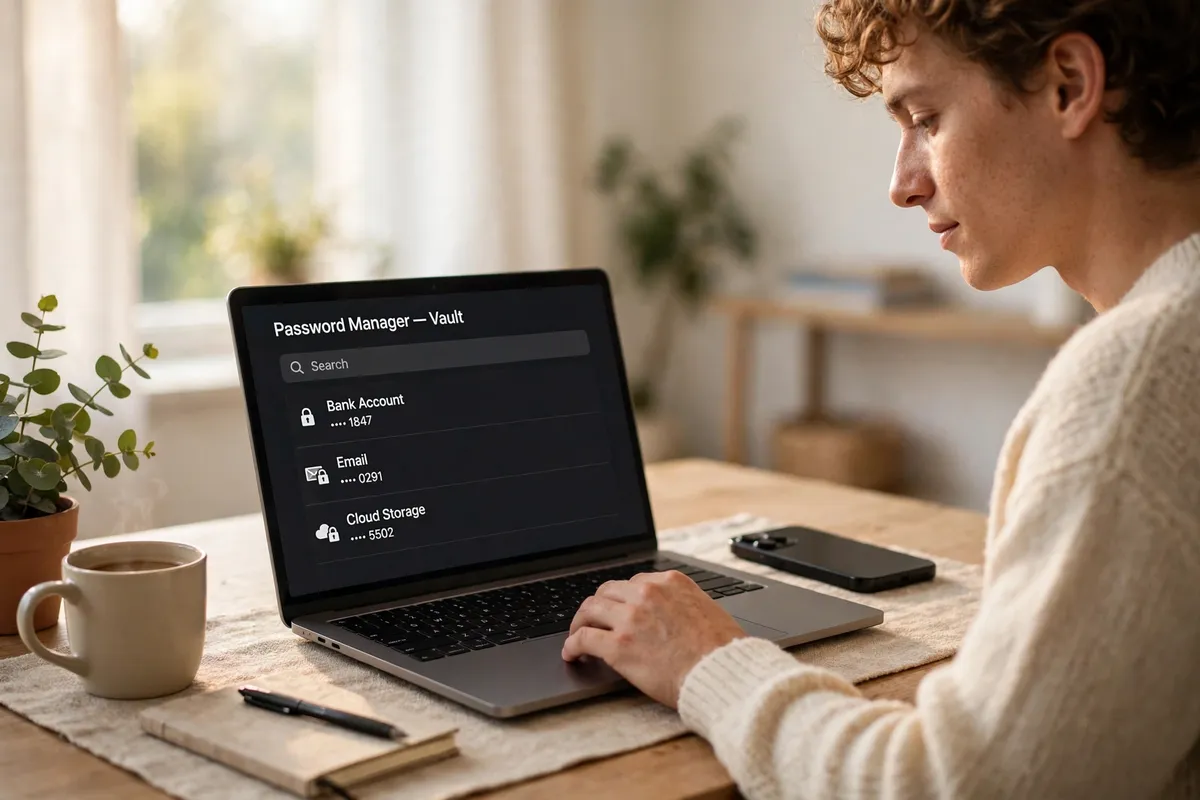 A man at a bright desk using a laptop showing a password manager vault with saved logins for bank, email, and cloud storage.
