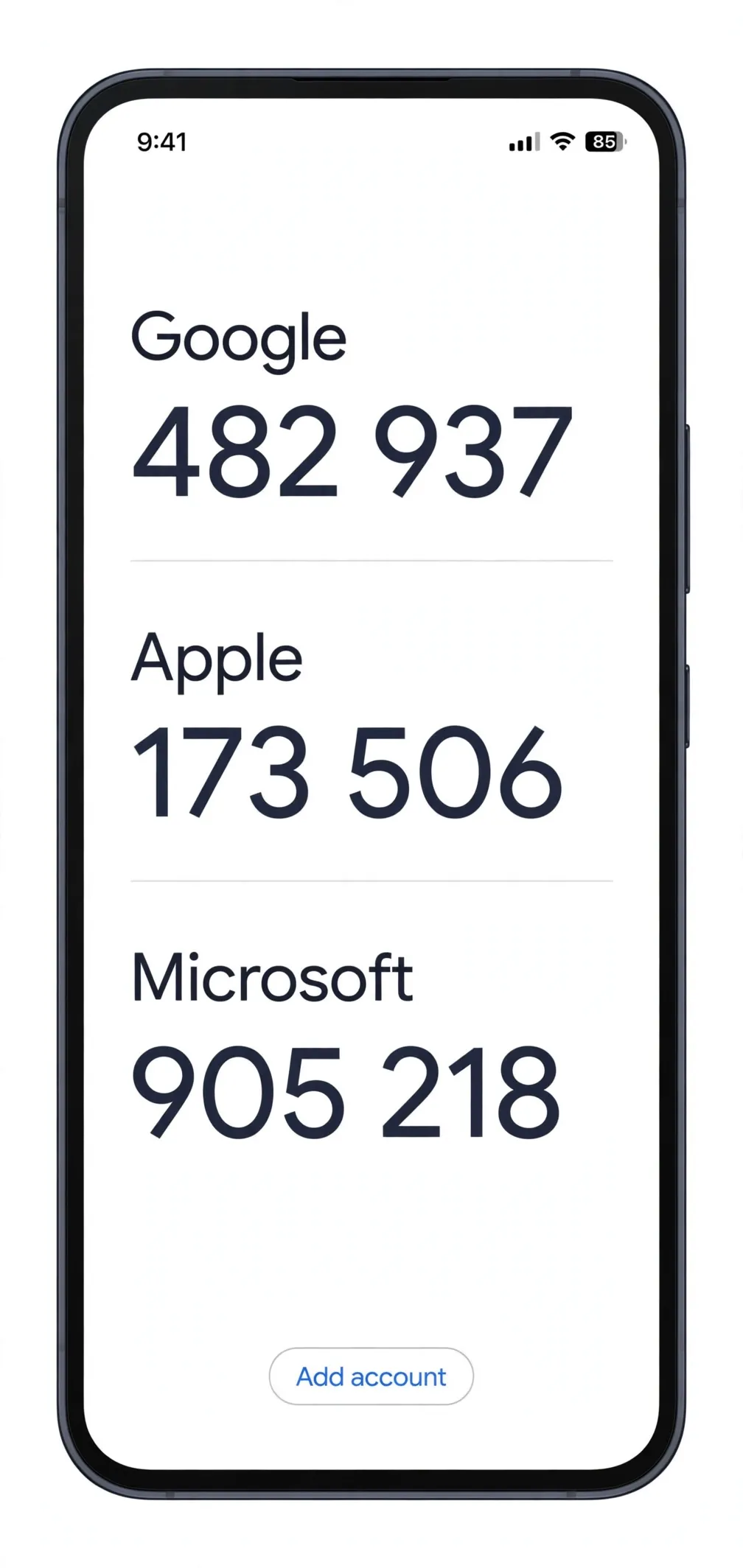 A phone showing an authenticator app with changing codes for Google, Apple, and Microsoft.