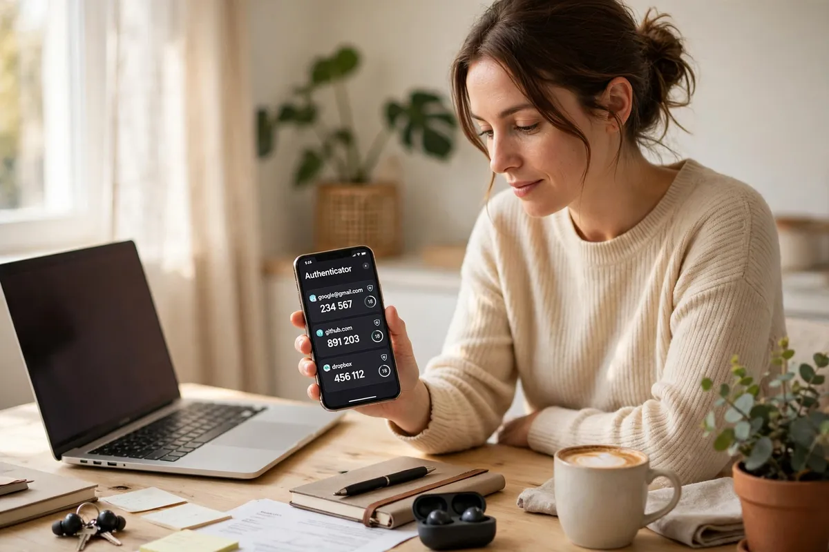 A woman at a bright desk holding up a phone showing an authenticator app with verification codes, with a laptop beside her.