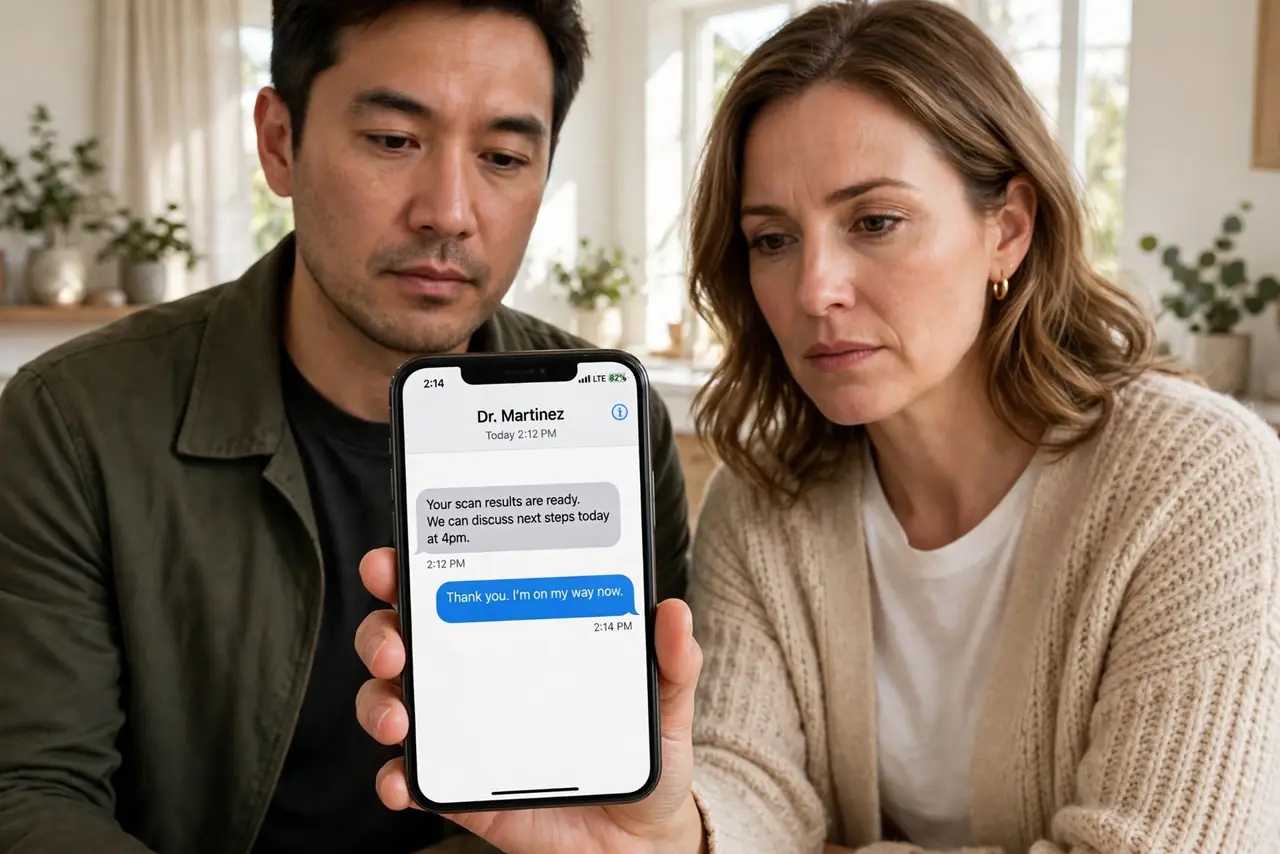 a serious adult holding a phone showing a messaging app, a supportive friend beside them, both faces grave but composed, bright room.