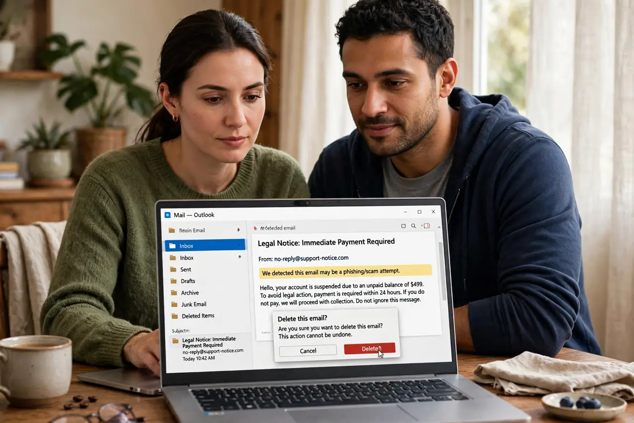 a person at a real laptop with a calm expression deleting a threatening email, a trusted friend sitting nearby offering support, warm home lighting, the pers...