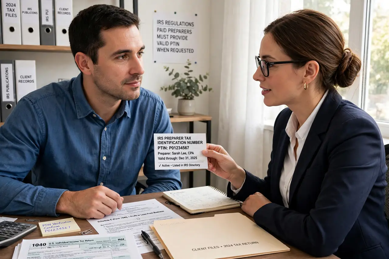 A person performing the first step: Check for a valid PTIN. Every legitimate paid preparer has an IRS Preparer Tax Identification Number — ask for it and.