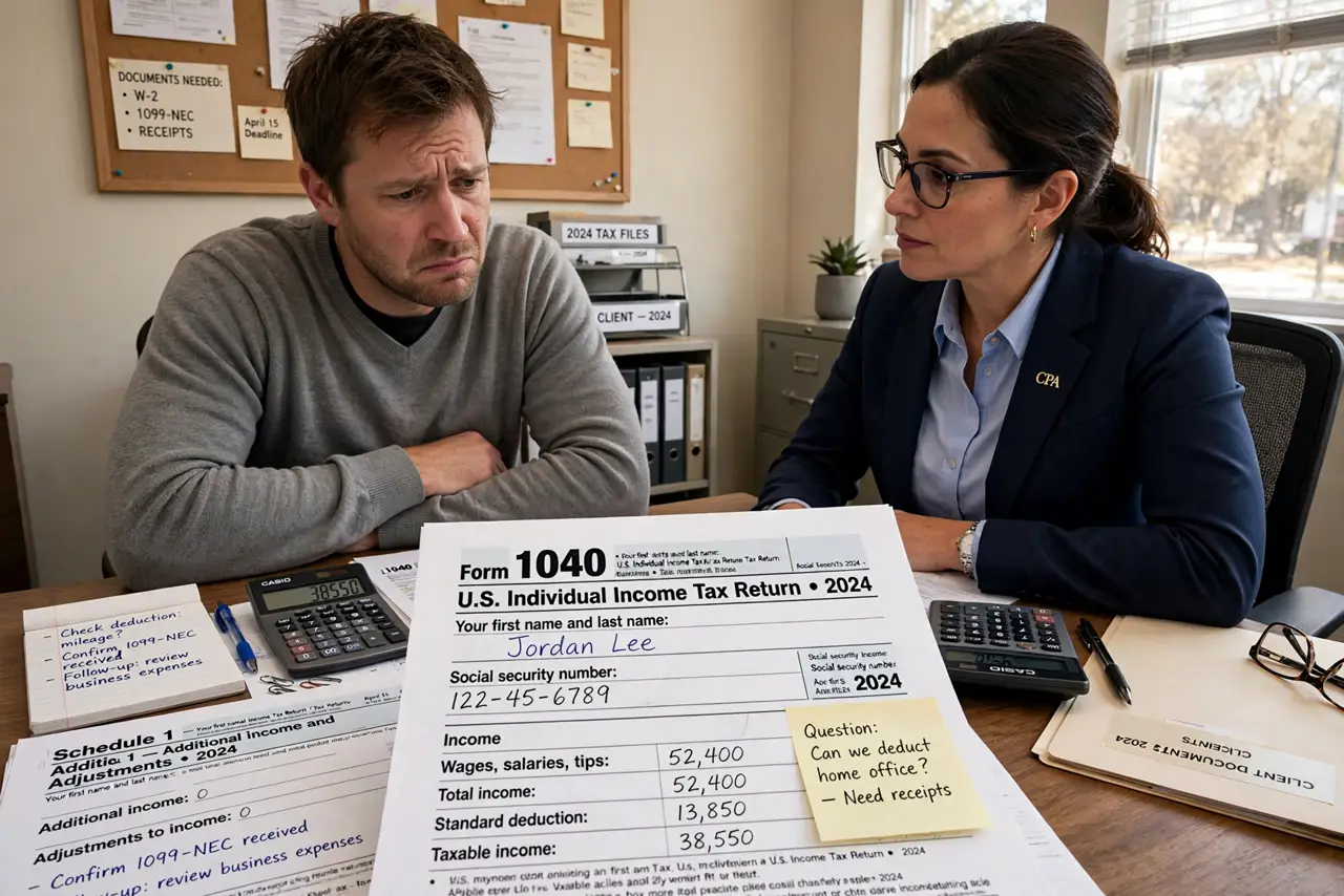 A doubtful client sitting across from a tax preparer at a real desk with tax forms fully legible, the client's face uneasy, small office.