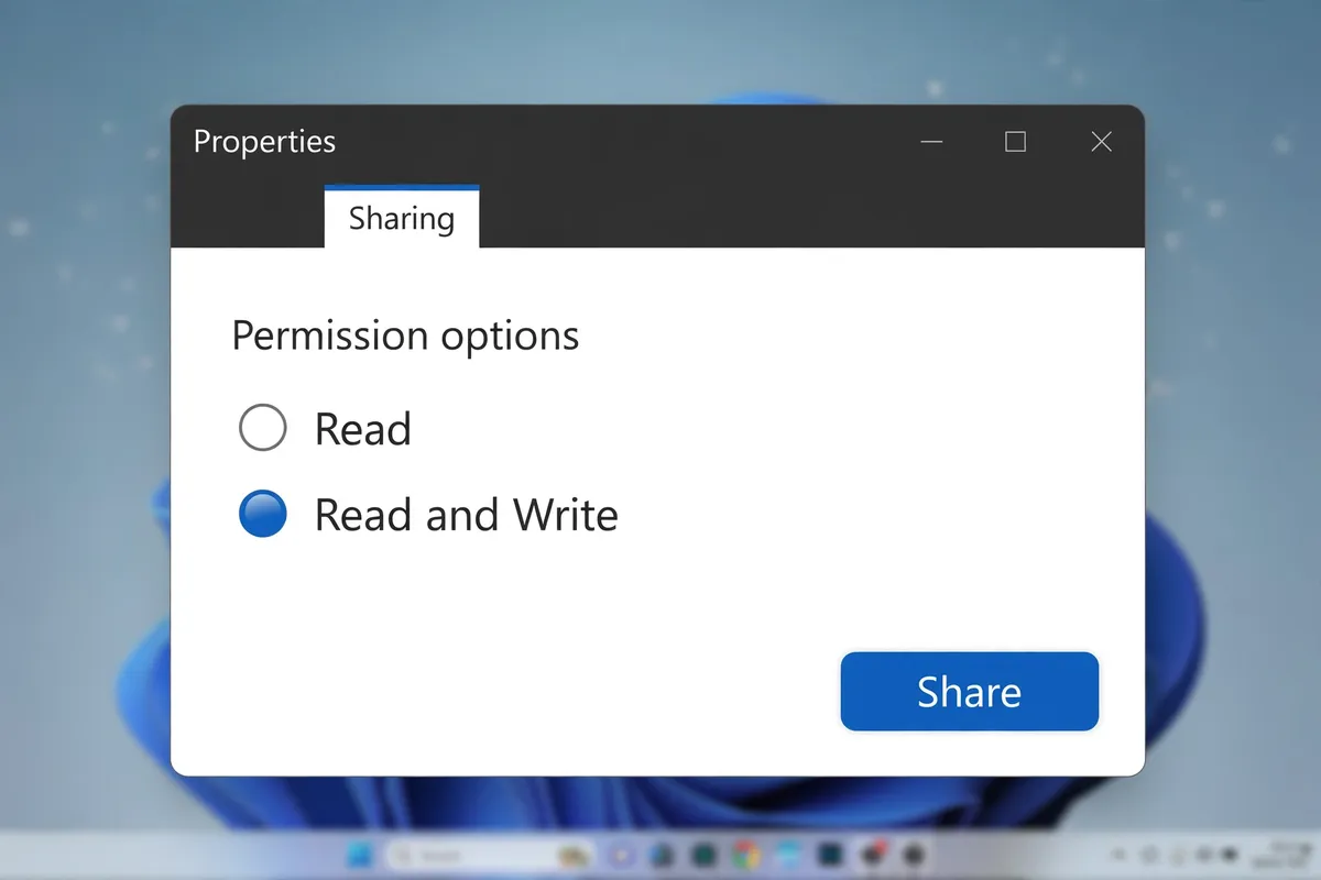 Windows folder Properties dialog on the Sharing tab, with Read and Read and Write permission options and a Share button.