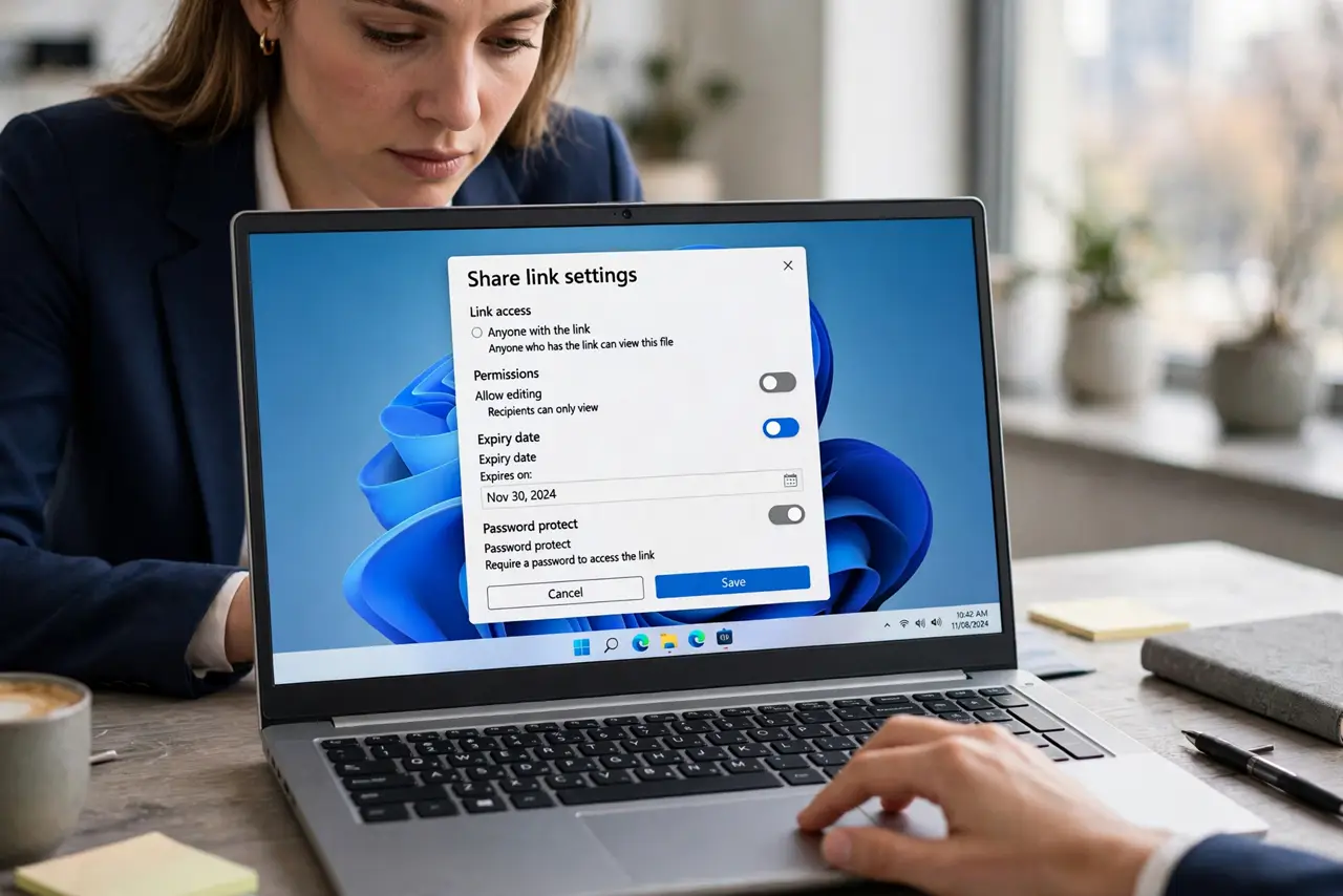 Put an Expiry Date on Share Links — a cautious professional setting an expiry date on a share link on a real laptop, the link settings dialog with