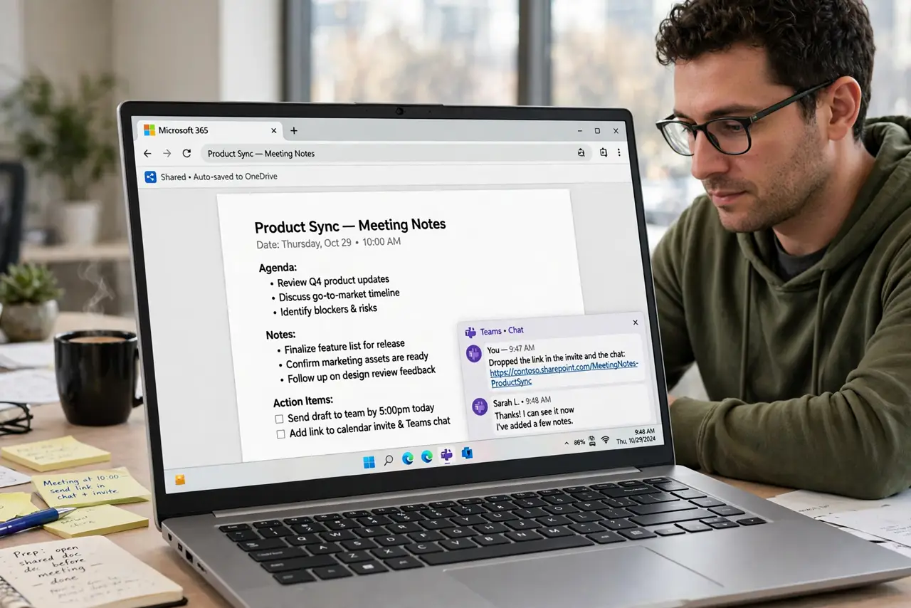 A person performing step 1: Open one shared doc before the meeting. Create the doc from a simple notes template and drop the link in the i.