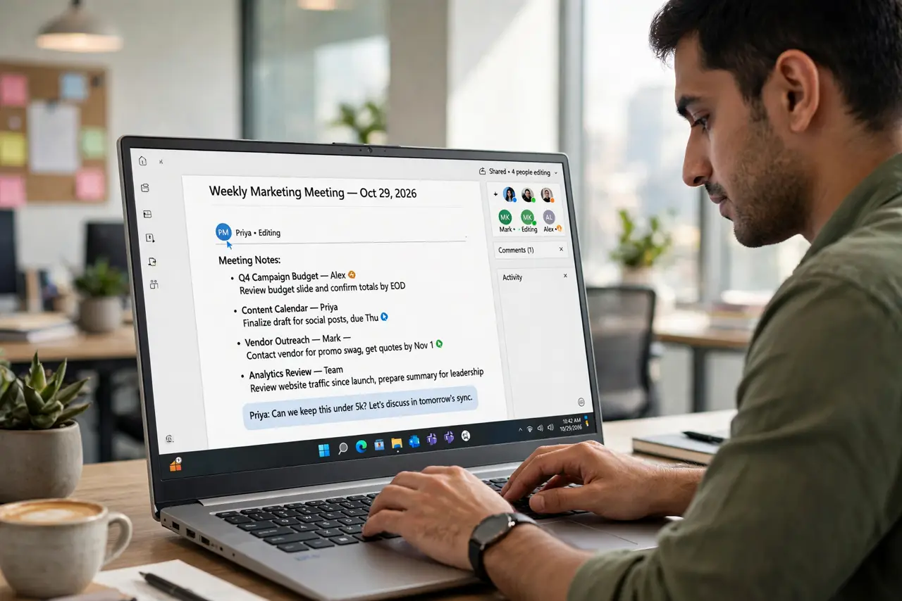 A person typing on a real laptop showing a shared document with legible bullet-point meeting notes and assigned names, teammates' cursors visible, the person's face engaged, bright office.