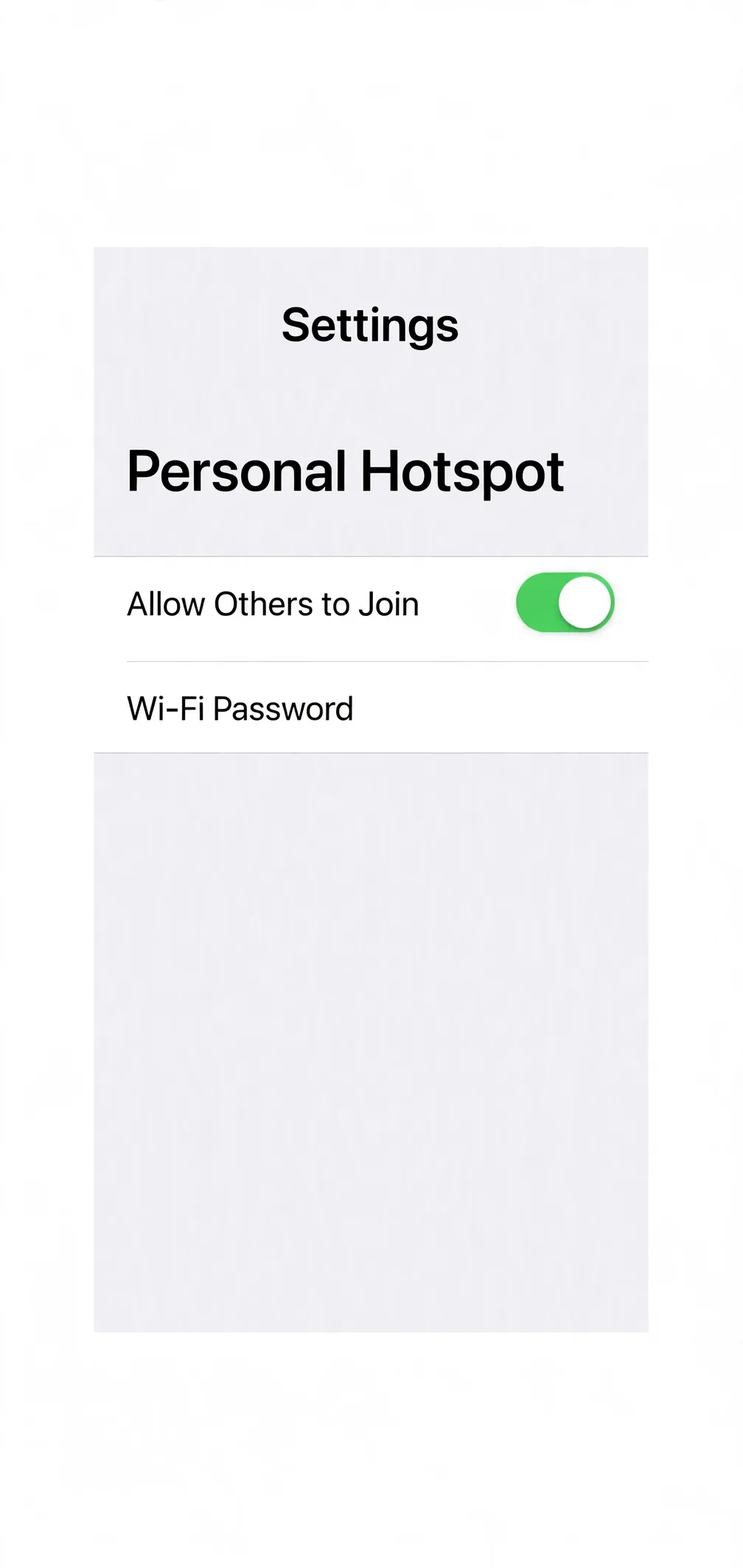 A phone Settings screen showing Personal Hotspot, with the Allow Others to Join switch turned on and a Wi-Fi Password row below it.