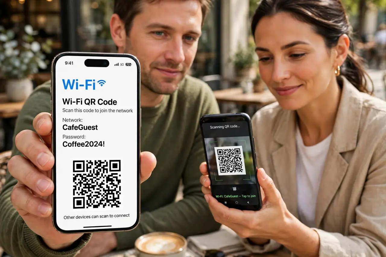 Share Wi-Fi From iPhone to Android — a calm adult holding a real iPhone showing a Wi-Fi QR code on screen with fully legible code, a second person