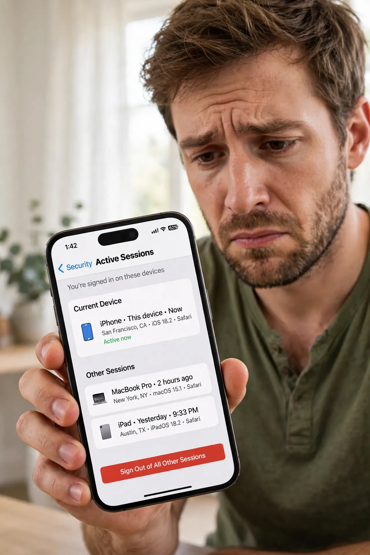 a worried person holding a real phone showing a legible active-sessions security page, the person's face concerned, bright room.