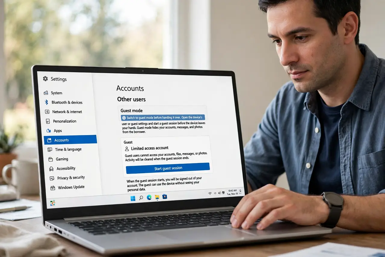 A person performing step 1 of the guide: Switch to guest mode before handing it over. Open the device's user or guest settings and start a guest session before the device leaves...