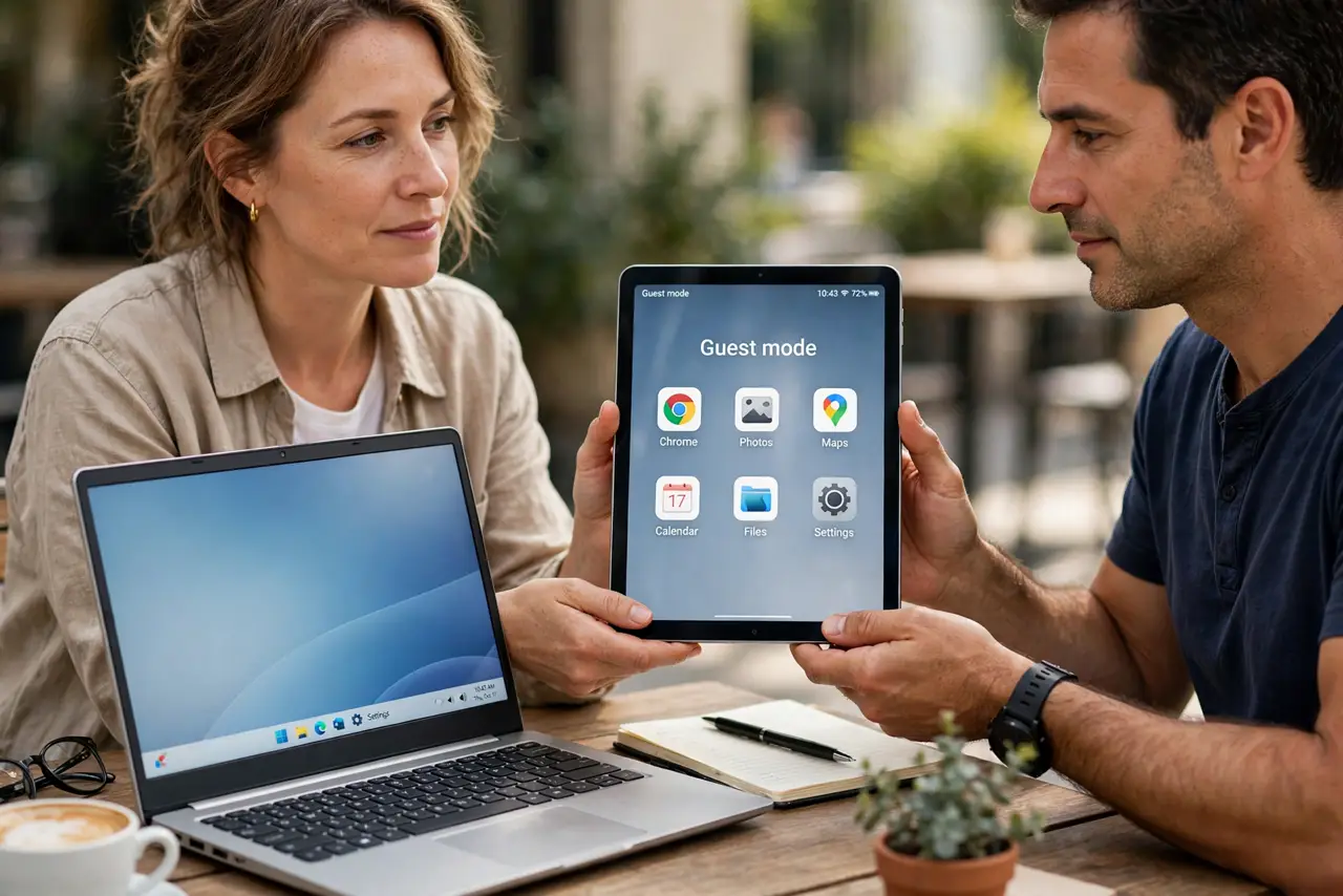 a calm adult handing a real tablet to another adult, the tablet screen showing a normal guest mode home screen with legible icons, both people relaxed