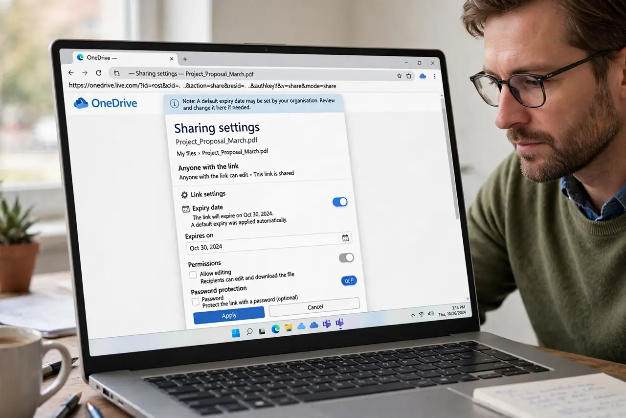 A person performing step 1 of the guide: Open the link's sharing settings. Open the file in your cloud drive and look at its sharing settings. The expiry date, if any, appears there, and a default expiry may have been app...