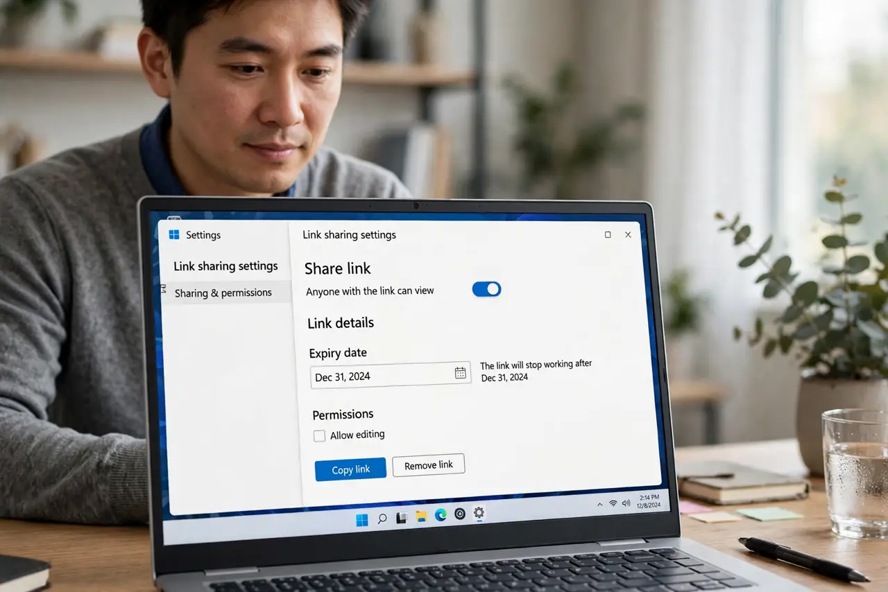 a calm adult at a desk with a real Windows laptop, the screen showing a link-sharing settings panel with a fully legible expiry date field, the person reviewing the date. No black screen, no blank white screen, no fak...