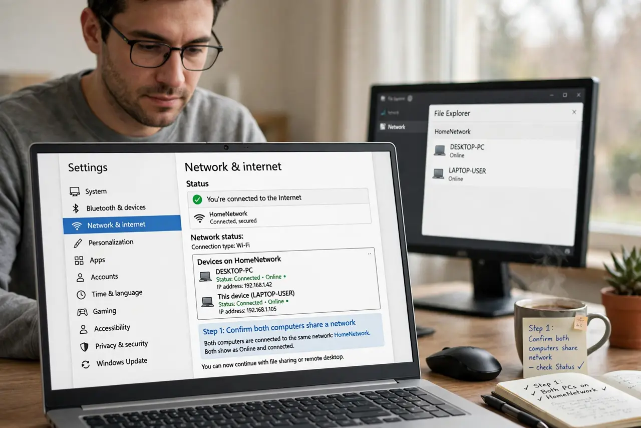 A person performing the first step: Confirm both computers share a network.