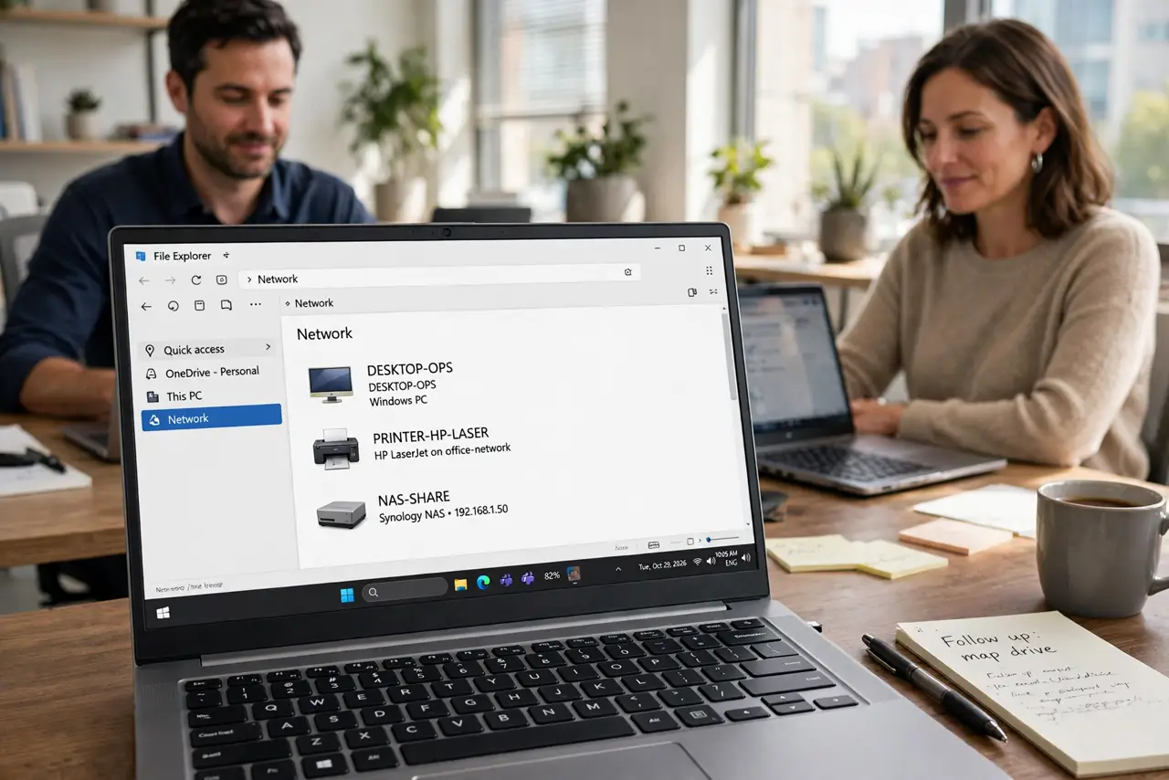 two relaxed adults at desks with real Windows laptops, File Explorer open on one real laptop screen showing the Network view clearly legible.