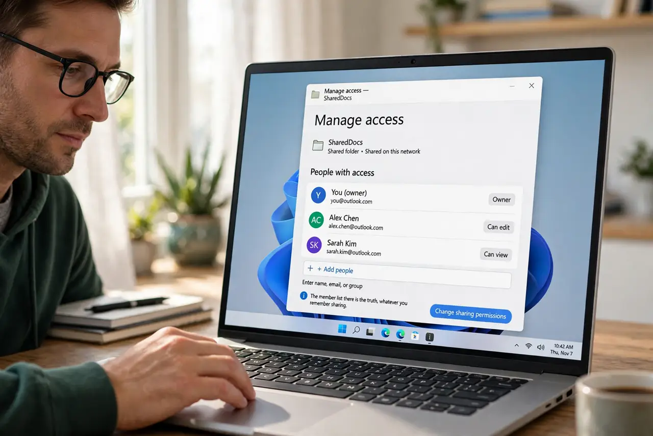 A person performing step 1 of the guide: Open the folder's sharing settings. Right-click the shared folder and open its share or manage-access panel. The member list there is...
