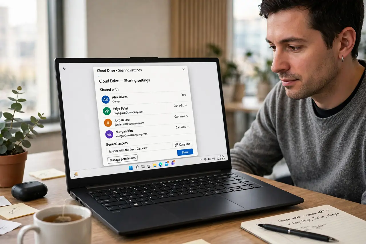 a calm adult at a desk with a real Windows laptop, a cloud drive sharing settings screen open showing a normal member list with legible names, the person reviewing access