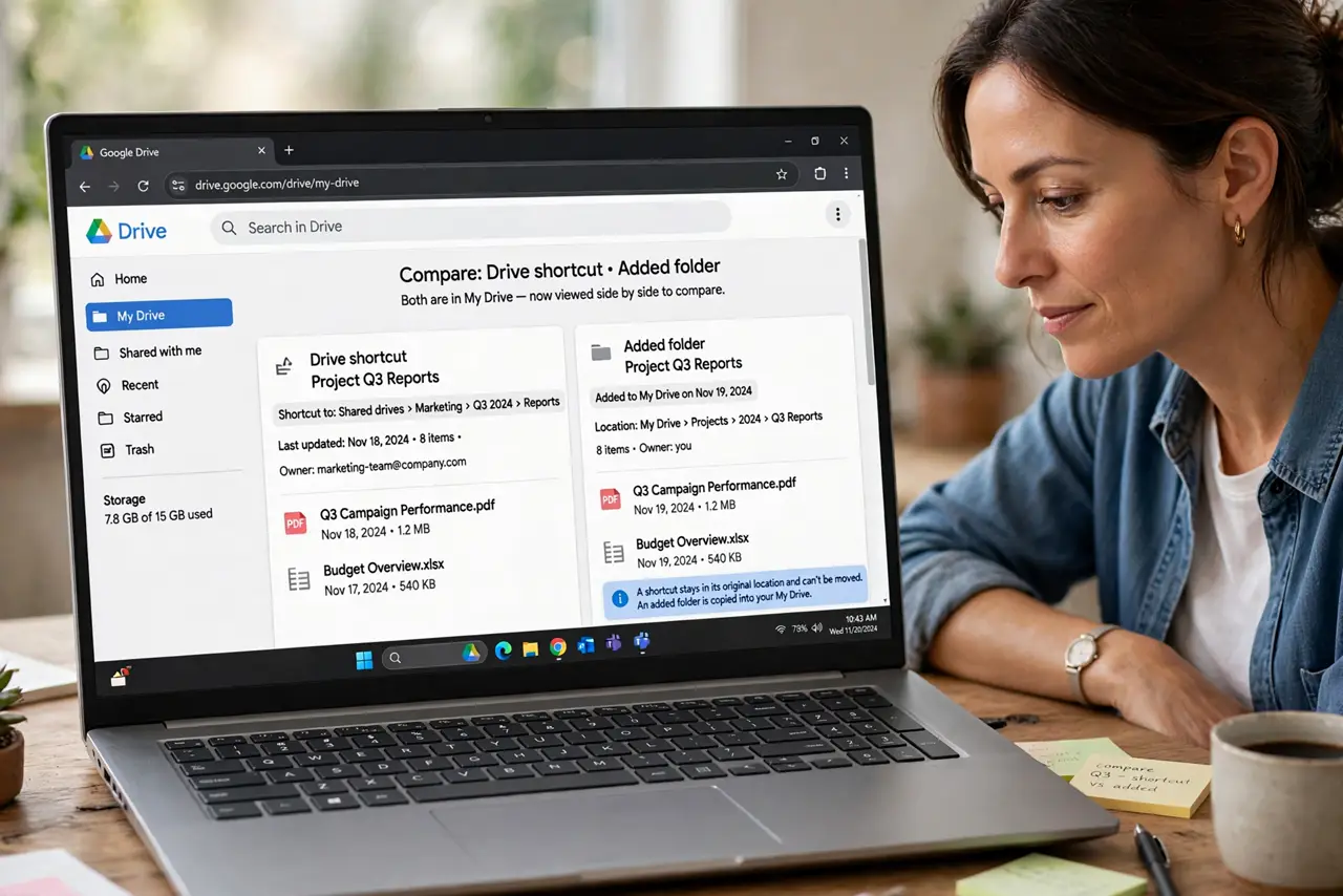 'Add to Drive' vs Shortcut — a calm adult comparing a Drive shortcut and an added folder side by side on a real laptop, the Drive interface