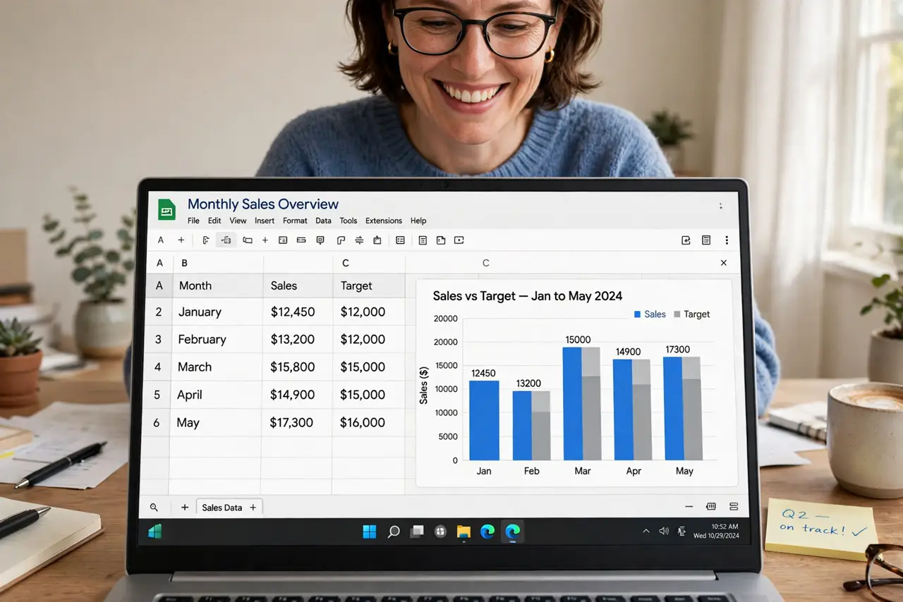 A person working on a real laptop showing a Google Sheets spreadsheet with a legible bar chart next to a data table, the person's face pleased, bright home…