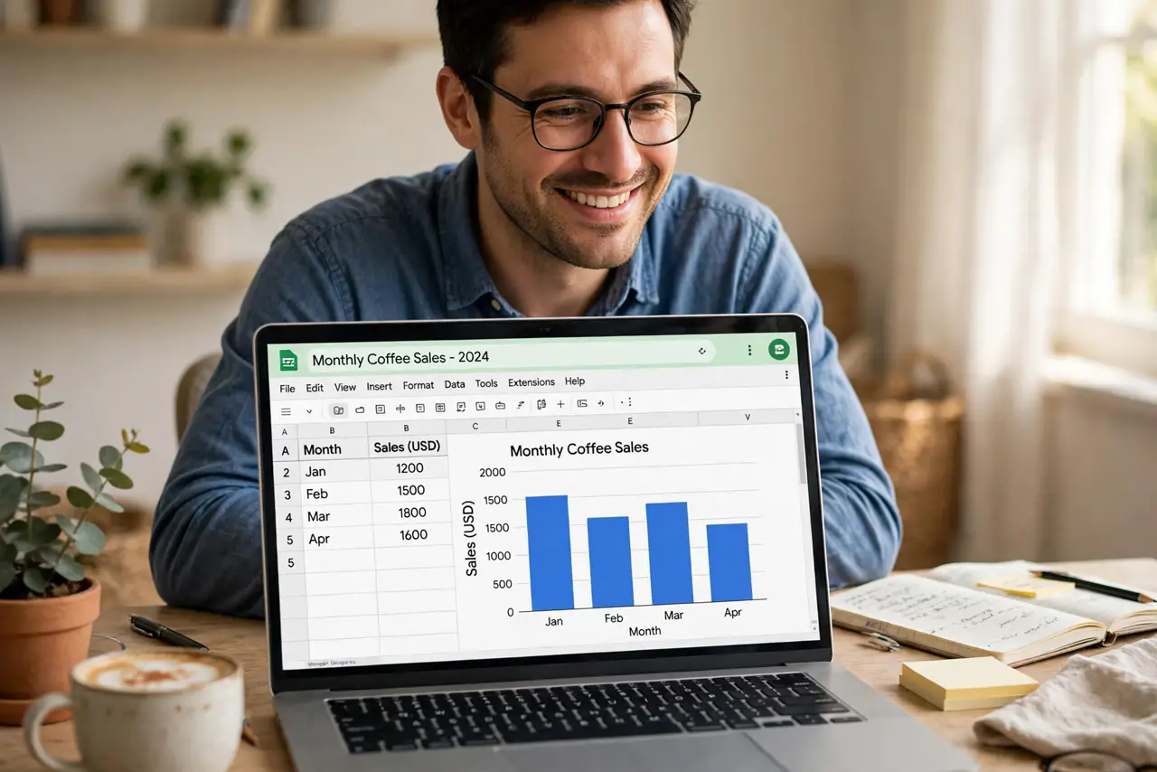 a person creating a real bar chart in Google Sheets with legible titled axes, the data table beside, the person's face pleased, home office.