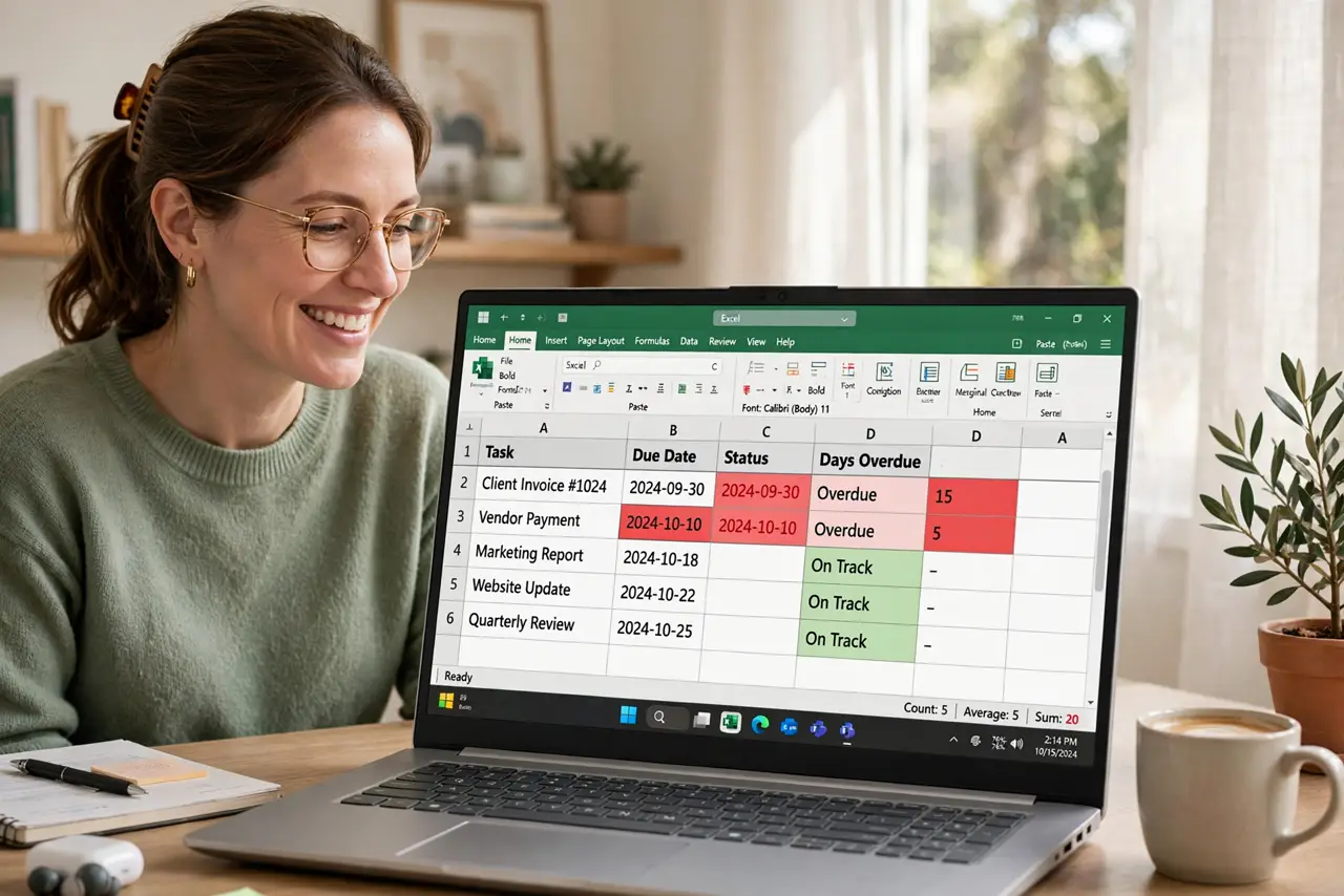 A person looking at a real spreadsheet on a laptop with conditional formatting colors highlighting overdue dates in red, the colors legible, the person's face…