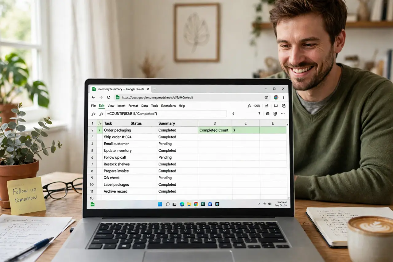 A person at a desk looking at a real laptop showing Google Sheets with a legible COUNTIF formula and its result, the person's face pleased, home office.