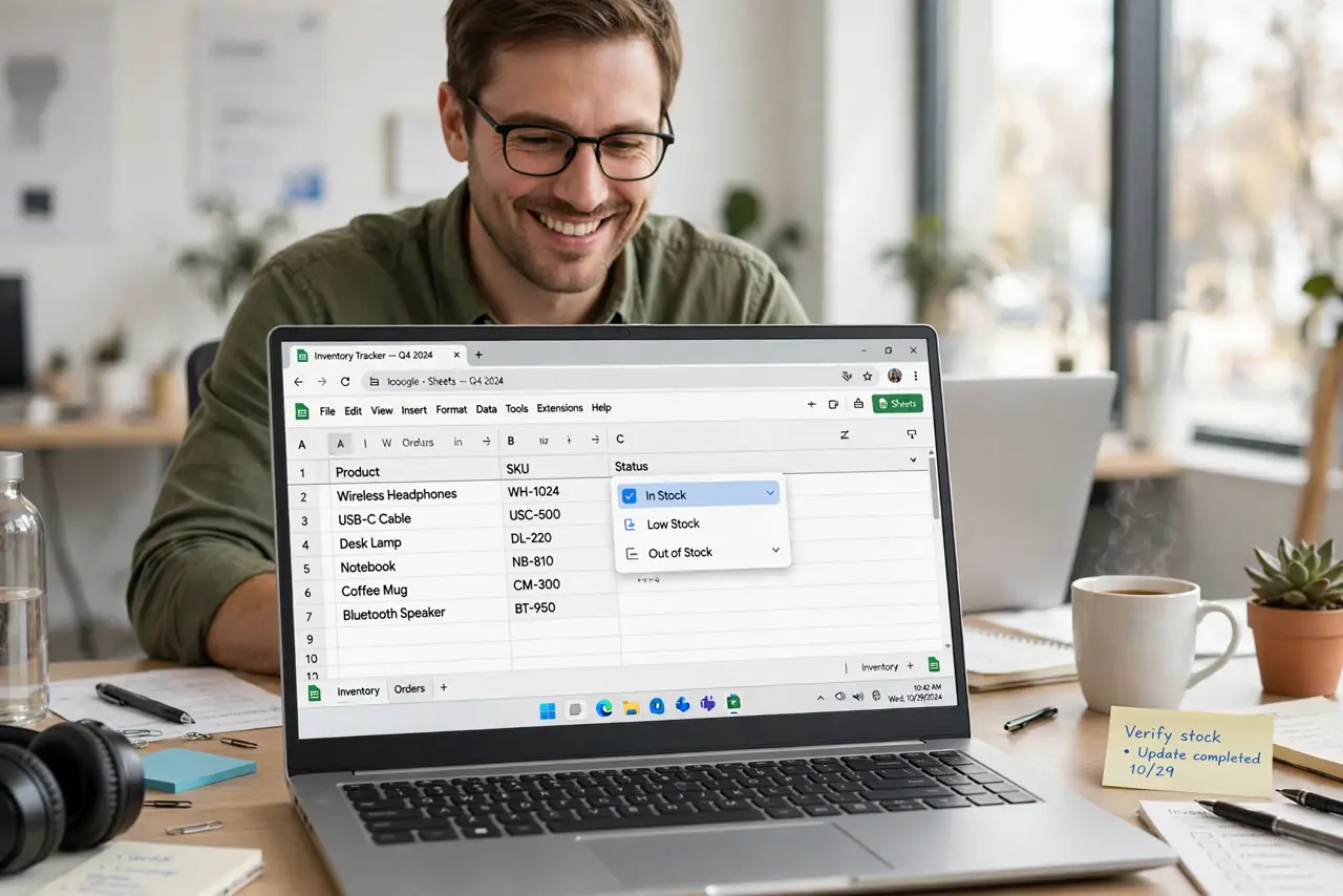 A person working on a real laptop showing a Google Sheets spreadsheet with a cell dropdown list open and legible, the person's face satisfied, bright office…