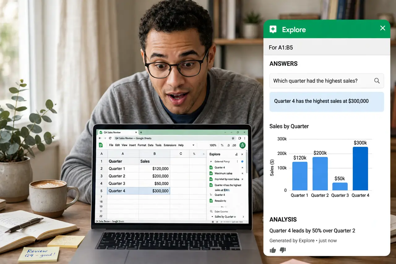 a person asking the real Google Sheets Explore panel a question with a legible auto-generated chart answering it, the person's face impressed, home office.