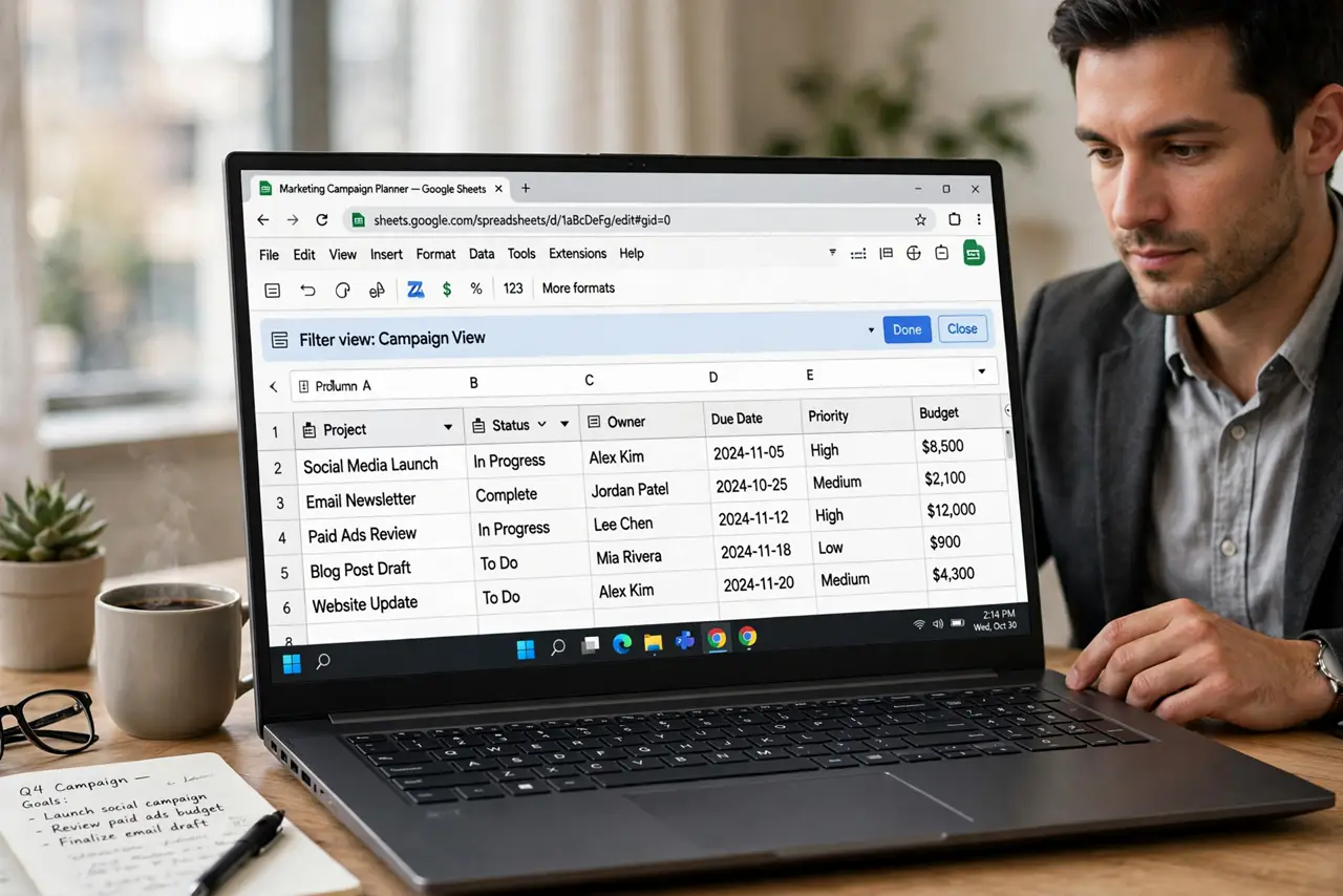 Filter Views vs Filter in Sheets — a calm professional creating a filter view in Google Sheets on a real laptop, the filter view bar with fully l